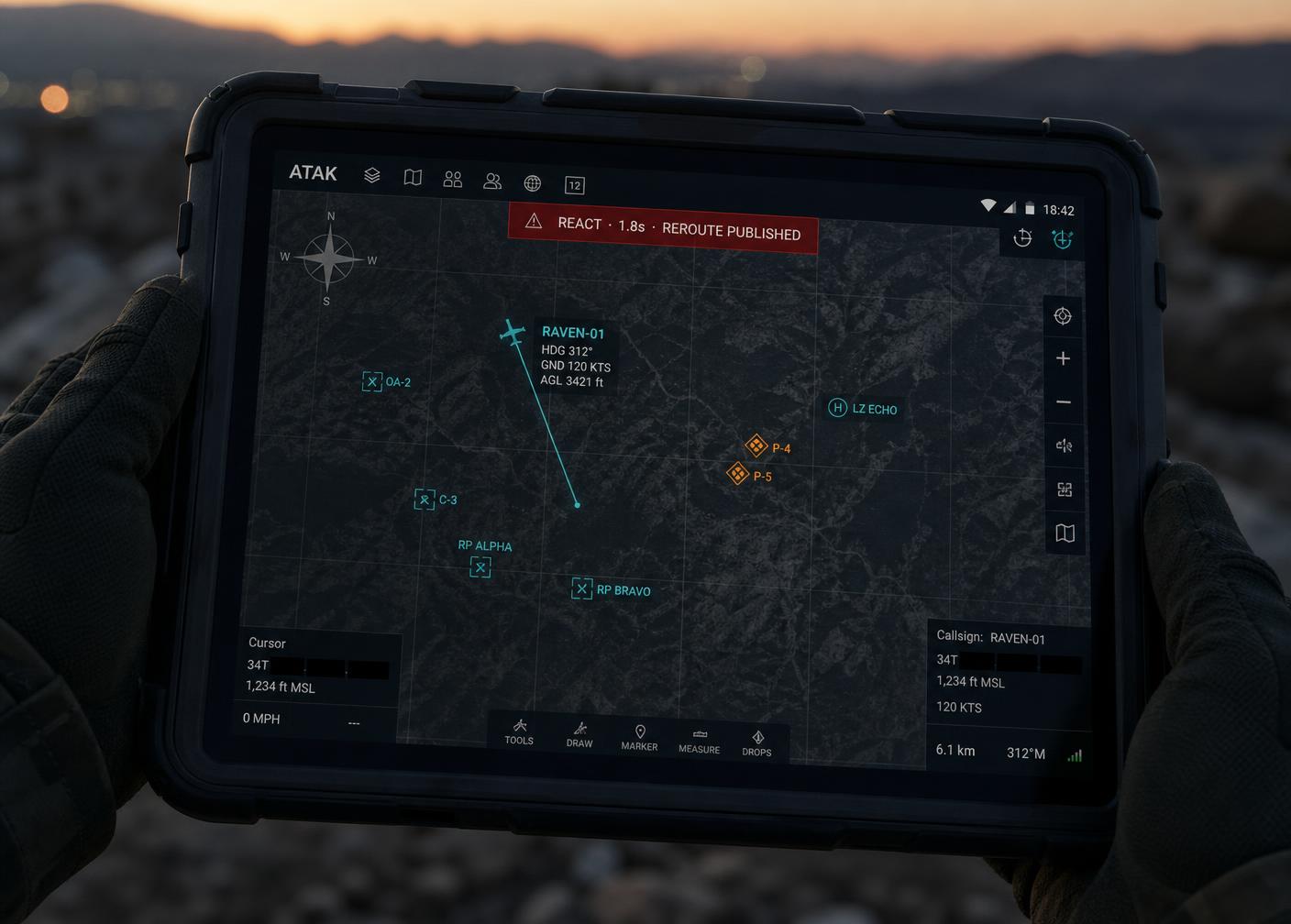 ATAK tablet showing a live GALLOWS-01 track and REACT reroute alert